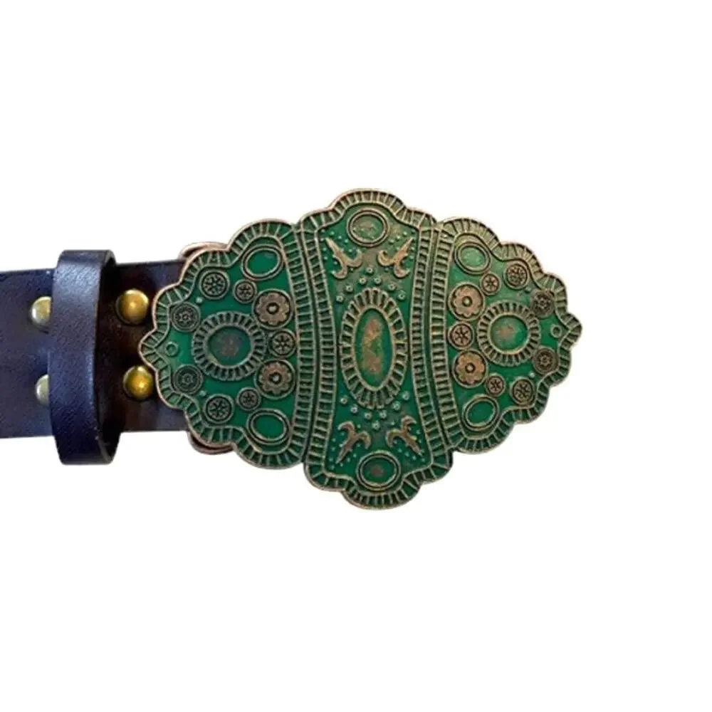 Vintage Brown Leather Studded Belt w/ Green Ornate Buckle | Boho Western